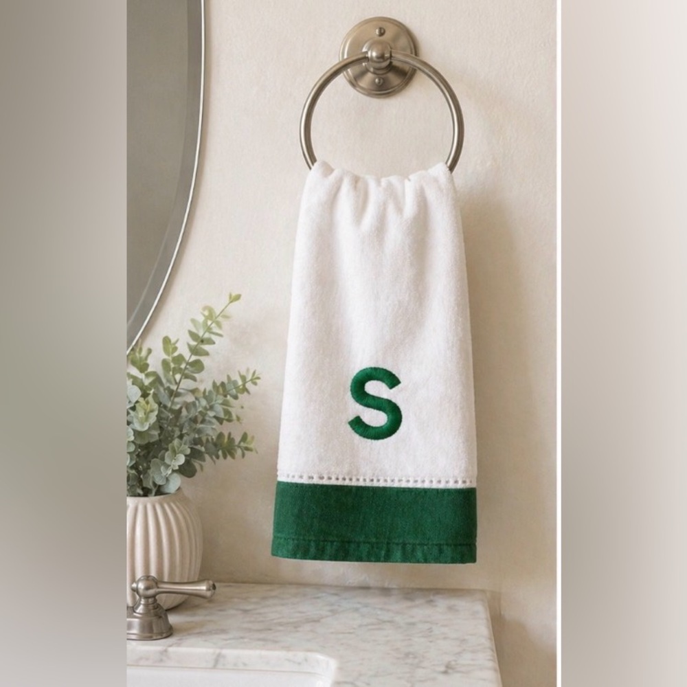 Set of 2 White and Green “S” Monogrammed Tea Towels